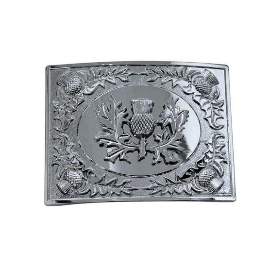 Thistle Bordered Oval Kilt Buckle - Thistle Emblem - Chrome Finish