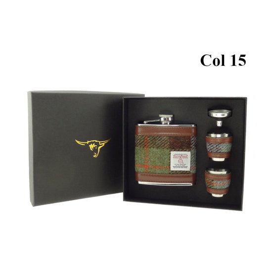 6oz Harris Tweed Hip Flask + Cups Gift Set