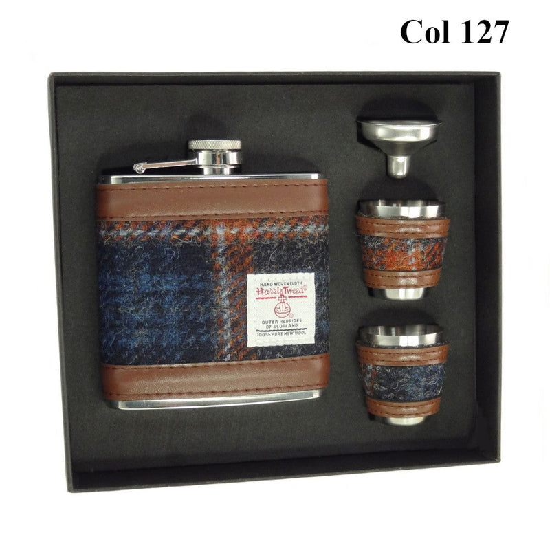 6oz Harris Tweed Hip Flask + Cups Gift Set