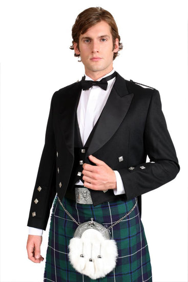 Prince Charlie Jacket and Waistcoat, 100% Black Barathea Wool - Imported