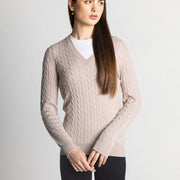 Isla Women's Scottish Made Cashmere V-Neck Cable Pattern Sweater - Beige