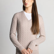 Isla Women's Scottish Made Cashmere V-Neck Cable Pattern Sweater - Beige