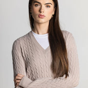 Isla Women's Scottish Made Cashmere V-Neck Cable Pattern Sweater - Beige