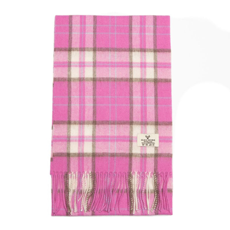 Glenmore 100% Lambswool Tartan Scarf -  Pink/Cream/Brown Check