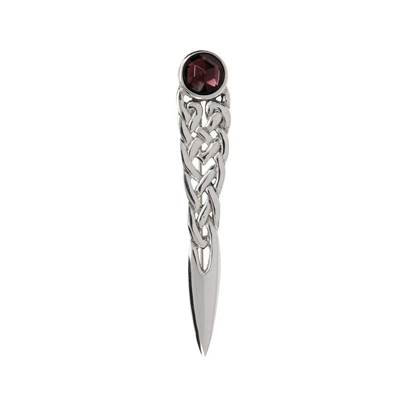 Celtic Pattern Pewter Kilt Pin with Stone Top - Polished