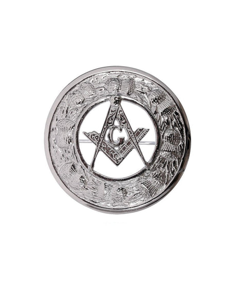 Thistle Design and Masonic Centre Brooch - Chrome Finish