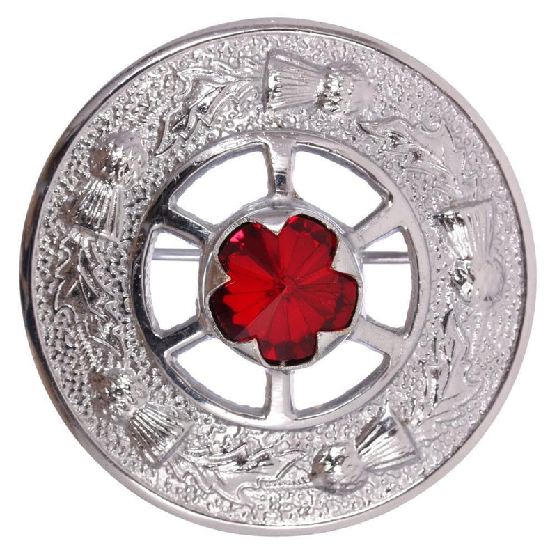 Miniature Thistle Design and Red Stone Brooch - Chrome Finish