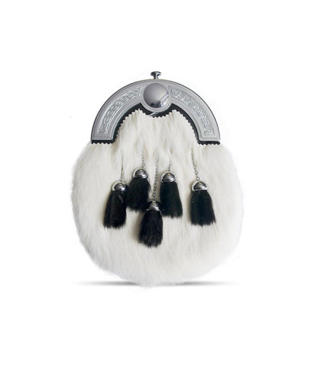 Full Dress Chrome Interlace Sporran with 5 Tassels - White/Black Rabbit Fur