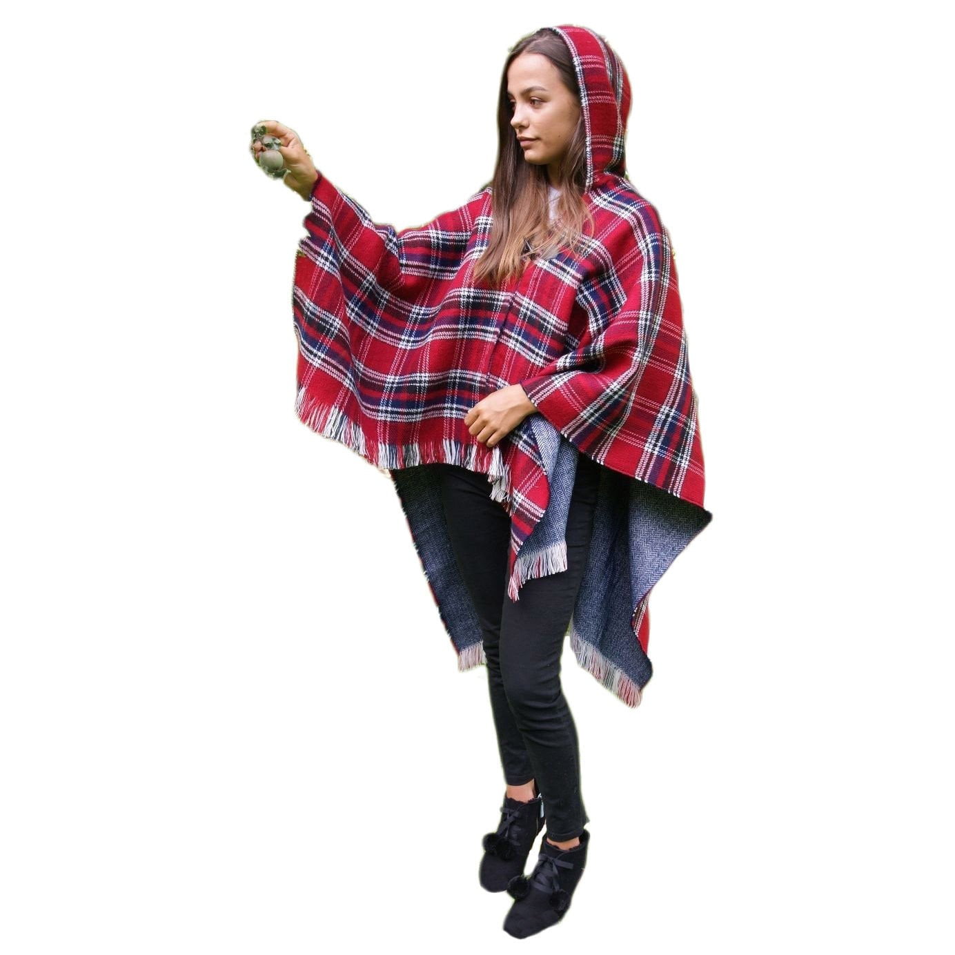 Women's Hooded Tartan Poncho - Red