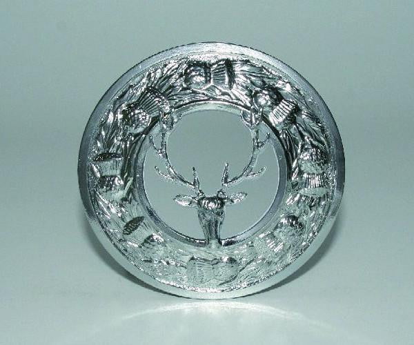 Stag Thistle Design Plaid Brooch - Chrome Finish